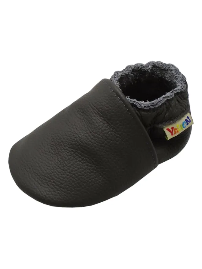 Yalion Krabbelschuhe^Baby Krabbelschuhe aus Leder mit rutschfester Sohle – Grau