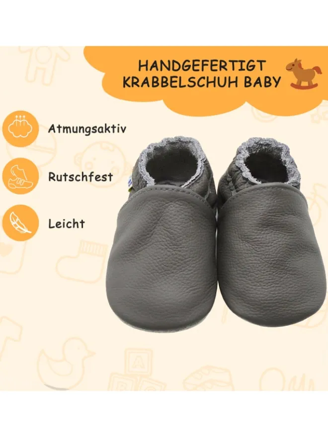 Yalion Krabbelschuhe^Baby Krabbelschuhe aus Leder mit rutschfester Sohle – Grau