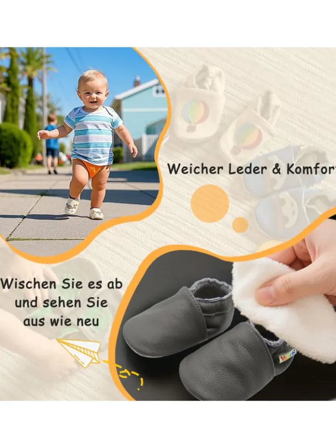 Yalion Krabbelschuhe^Baby Krabbelschuhe aus Leder mit rutschfester Sohle – Grau