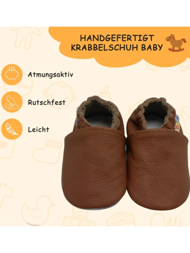 Yalion Krabbelschuhe^Baby Krabbelschuhe aus Leder mit rutschfester Sohle – Braun