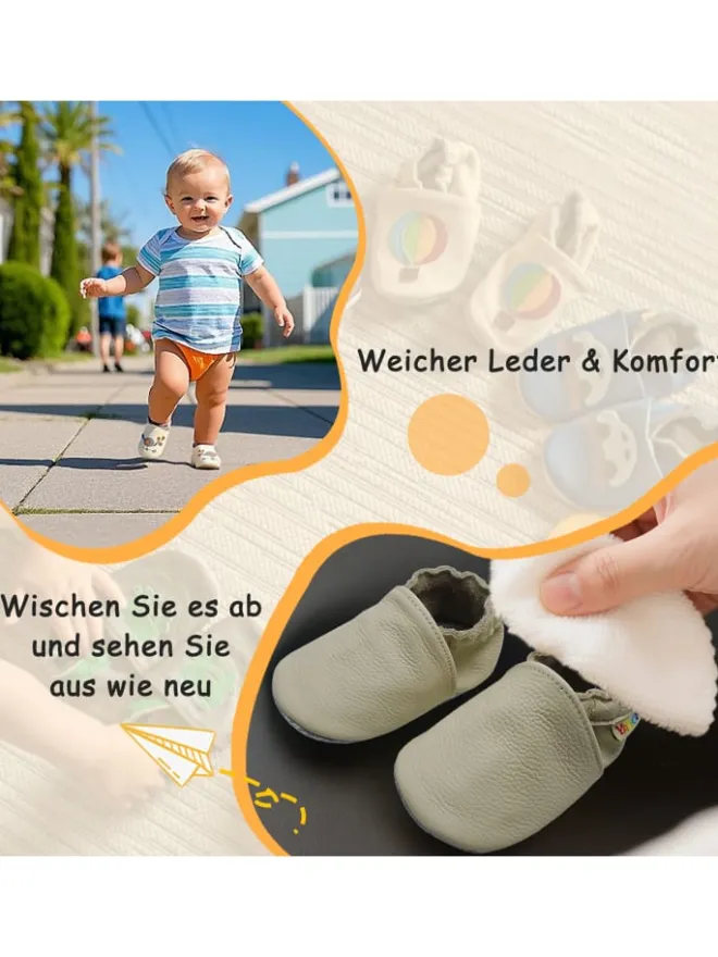 Baby Krabbelschuhe aus Leder mit rutschfester Sohle – Elfenbein>Yalion Hot