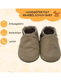 Baby Krabbelschuhe aus Leder mit rutschfester Sohle – Khaki><noscript><img width=