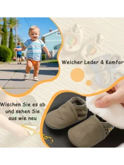 Baby Krabbelschuhe aus Leder mit rutschfester Sohle – Khaki><noscript><img width=