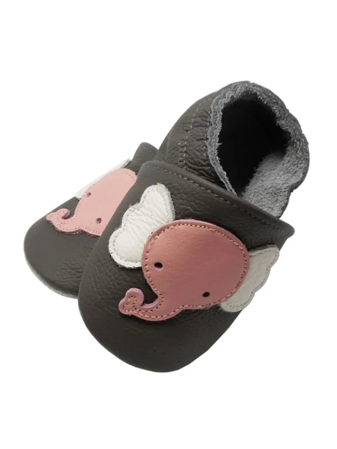 Baby Krabbelschuhe aus Leder mit rutschfester Sohle – Grau mit Elefantenmuster>Yalion Sale