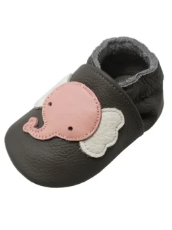 Baby Krabbelschuhe aus Leder mit rutschfester Sohle – Grau mit Elefantenmuster><noscript><img width=