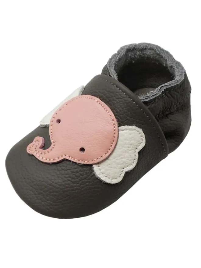 Baby Krabbelschuhe aus Leder mit rutschfester Sohle – Grau mit Elefantenmuster>Yalion Sale