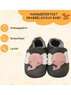 Baby Krabbelschuhe aus Leder mit rutschfester Sohle – Grau mit Elefantenmuster><noscript><img width=