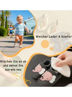 Baby Krabbelschuhe aus Leder mit rutschfester Sohle – Grau mit Elefantenmuster><noscript><img width=