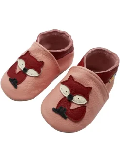 Baby Krabbelschuhe aus Leder mit rutschfester Sohle – Rosa mit Fuchs-Muster>Yalion Best