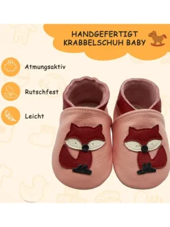 Baby Krabbelschuhe aus Leder mit rutschfester Sohle – Rosa mit Fuchs-Muster><noscript><img width=