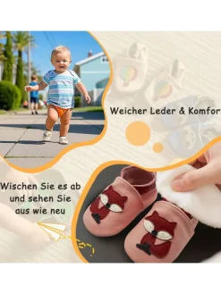 Baby Krabbelschuhe aus Leder mit rutschfester Sohle – Rosa mit Fuchs-Muster><noscript><img width=