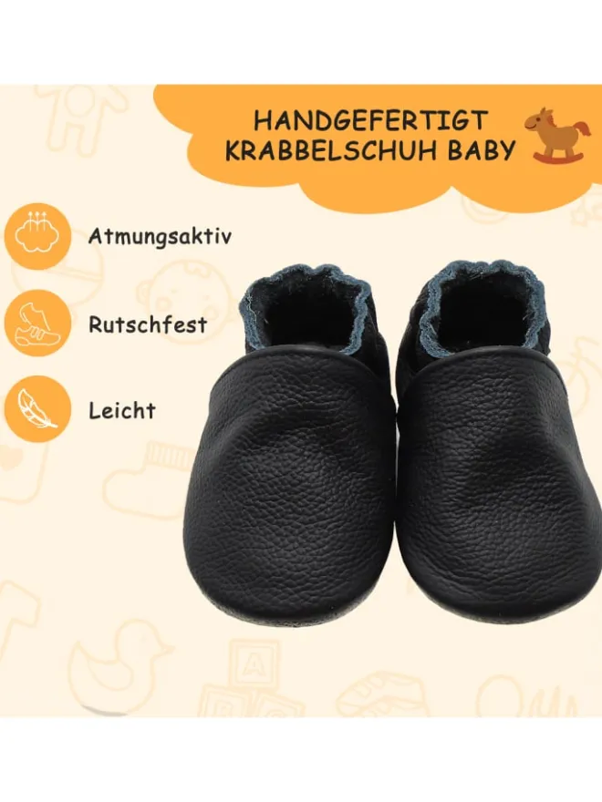 Yalion Krabbelschuhe^Baby Krabbelschuhe aus Leder mit rutschfester Sohle – Schwarz