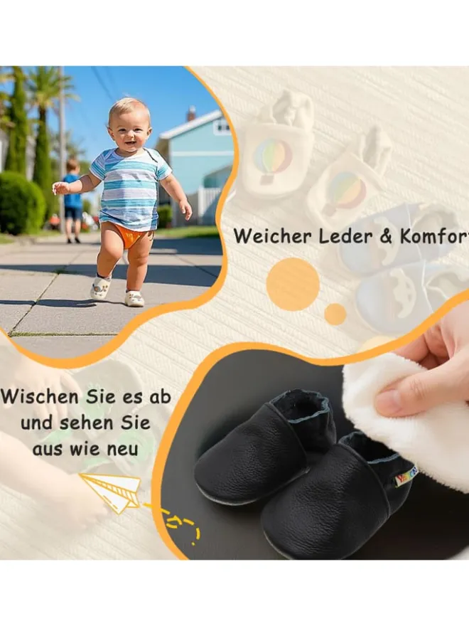 Yalion Krabbelschuhe^Baby Krabbelschuhe aus Leder mit rutschfester Sohle – Schwarz