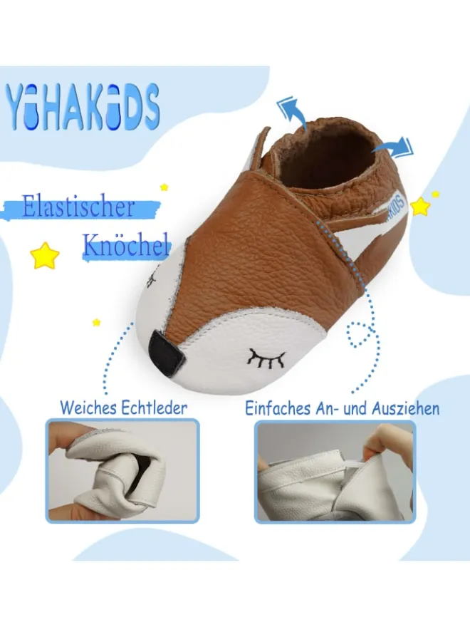 Baby Krabbelschuhe aus Leder, weiche Lauflernschuhe mit rutschfester Sohle>Yihakids