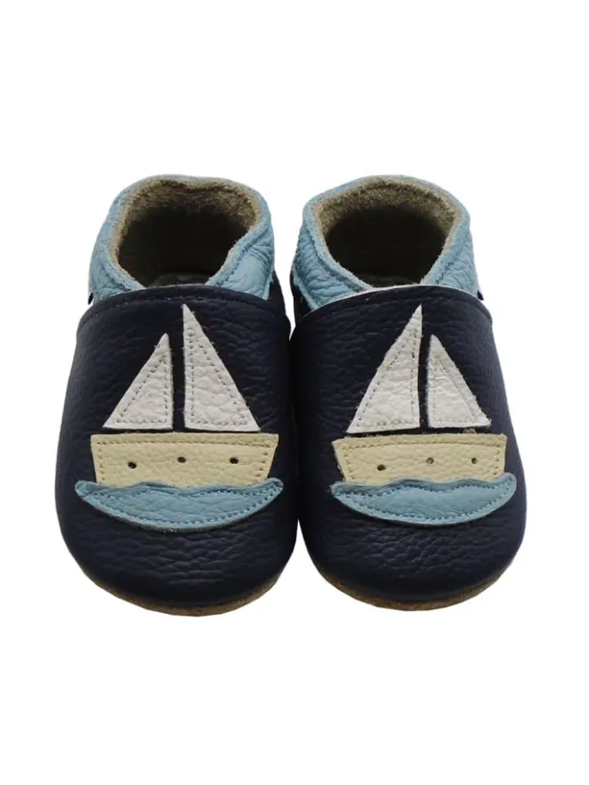 Baby Leder Krabbelschuhe, mit rutschfester Sohle-Segelboot - Muster>Mejale Best