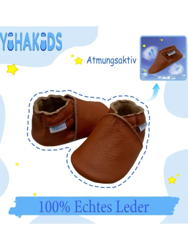 Yihakids Krabbelschuhe^Baby Leder Krabbelschuhe, mit rutschfester Sohle – Braun