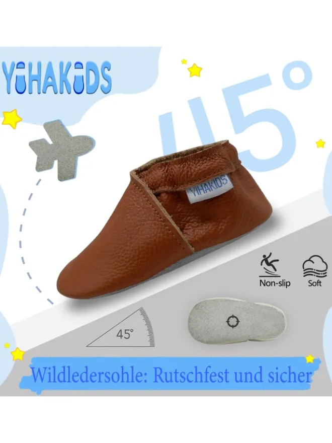 Yihakids Krabbelschuhe^Baby Leder Krabbelschuhe, mit rutschfester Sohle – Braun