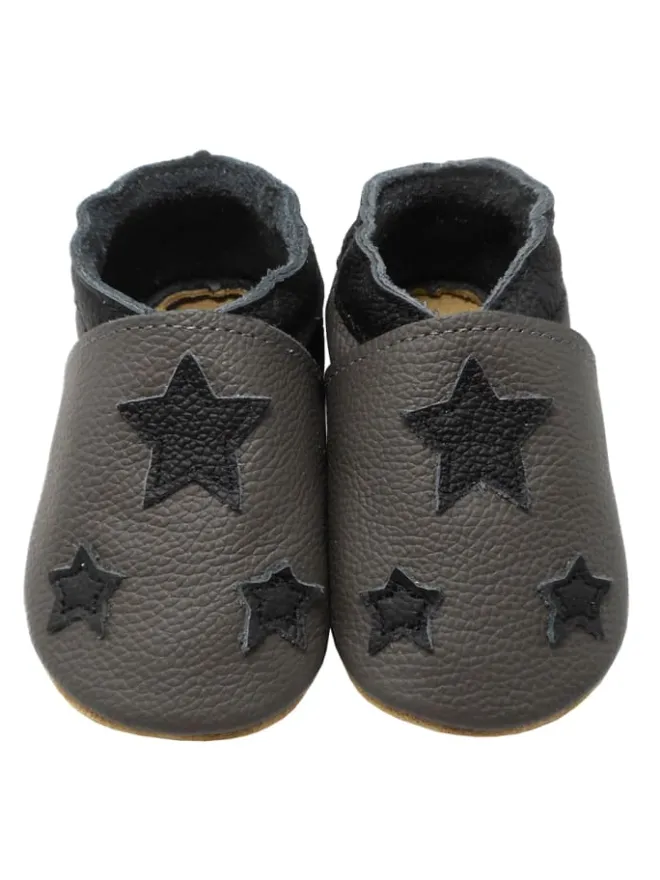 Baby Leder Krabbelschuhe, Grau, mit rutschfester harter Sohle - Sternenmuster>Yihakids Online