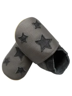 Baby Leder Krabbelschuhe, Grau, mit rutschfester harter Sohle - Sternenmuster>Yihakids Online