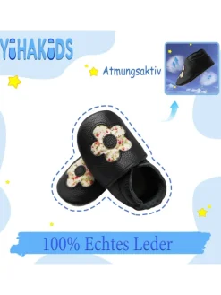 Yihakids Krabbelschuhe^Baby Leder Krabbelschuhe,Schwarz,mit rutschfester und weicher Sohle-Blumenmuster