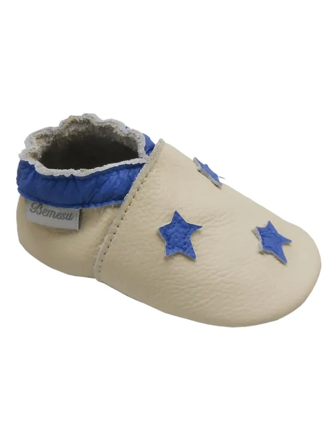 Baby-Leder-Laufschuhe, komfortabel mit rutschfester Sohle- blauen Sternenmotiven>Bemesu New