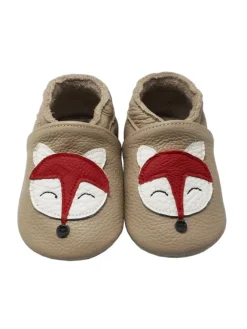 Baby-Lederlaufschuhe mit rutschfester Sohle – khaki mit Fuchsmotiv>Yalion Online