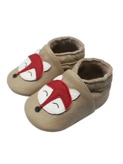 Baby-Lederlaufschuhe mit rutschfester Sohle – khaki mit Fuchsmotiv>Yalion Online