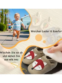 Baby-Lederlaufschuhe mit rutschfester Sohle – khaki mit Fuchsmotiv><noscript><img width=