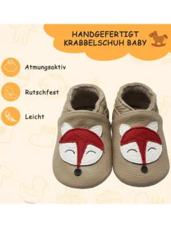 Baby-Lederlaufschuhe mit rutschfester Sohle – khaki mit Fuchsmotiv><noscript><img width=