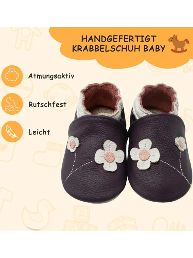 Yalion Krabbelschuhe^Baby-Lederlaufschuhe mit rutschfester Sohle – lila mit Blumenmuster
