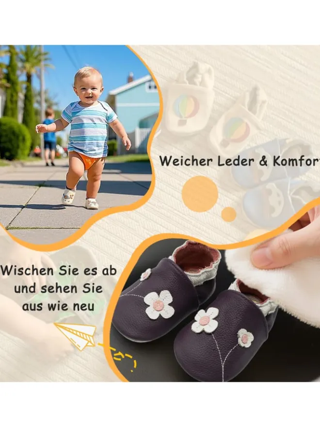 Yalion Krabbelschuhe^Baby-Lederlaufschuhe mit rutschfester Sohle – lila mit Blumenmuster