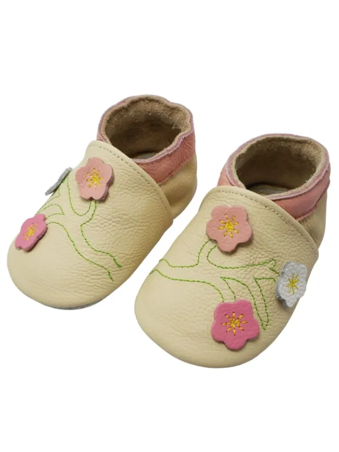 Yalion Krabbelschuhe^Baby-Lederlaufschuhe mit rutschfester Sohle – Cremefarben mit Blumenmuster