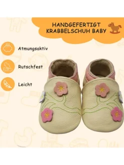 Yalion Krabbelschuhe^Baby-Lederlaufschuhe mit rutschfester Sohle – Cremefarben mit Blumenmuster