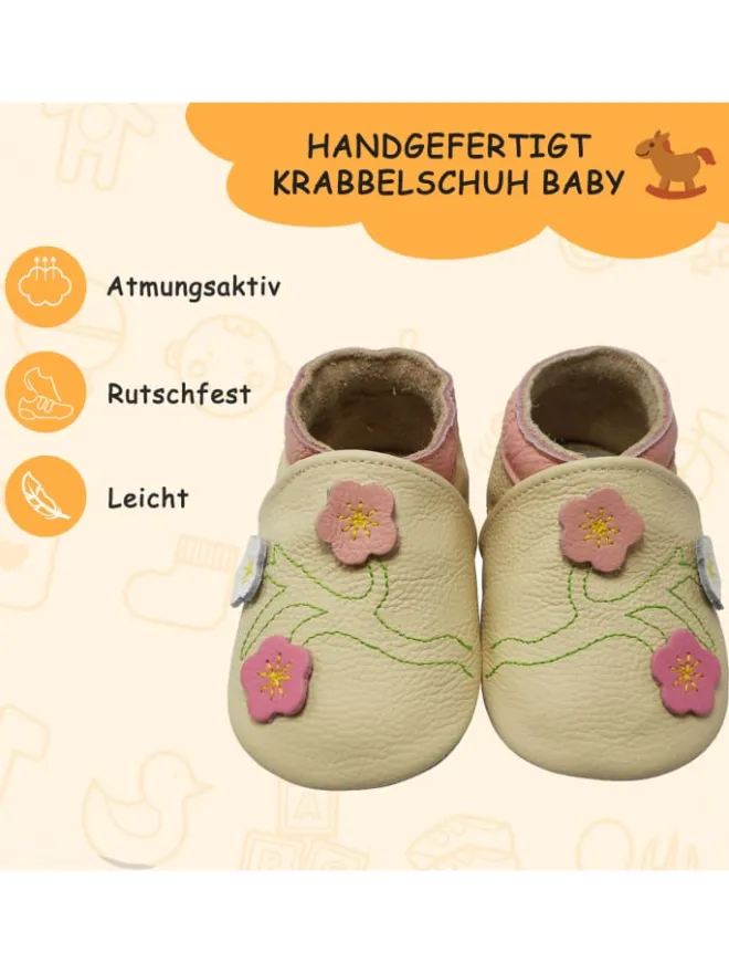 Yalion Krabbelschuhe^Baby-Lederlaufschuhe mit rutschfester Sohle – Cremefarben mit Blumenmuster