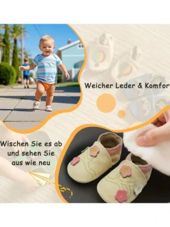 Yalion Krabbelschuhe^Baby-Lederlaufschuhe mit rutschfester Sohle – Cremefarben mit Blumenmuster