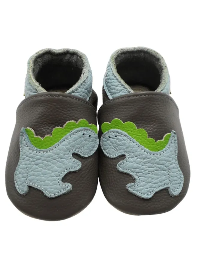 Yalion Krabbelschuhe^Baby-Lederlaufschuhe mit rutschfester Sohle – Grau mit Dinosauriermuster
