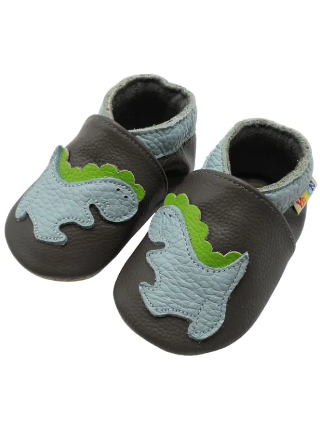Yalion Krabbelschuhe^Baby-Lederlaufschuhe mit rutschfester Sohle – Grau mit Dinosauriermuster