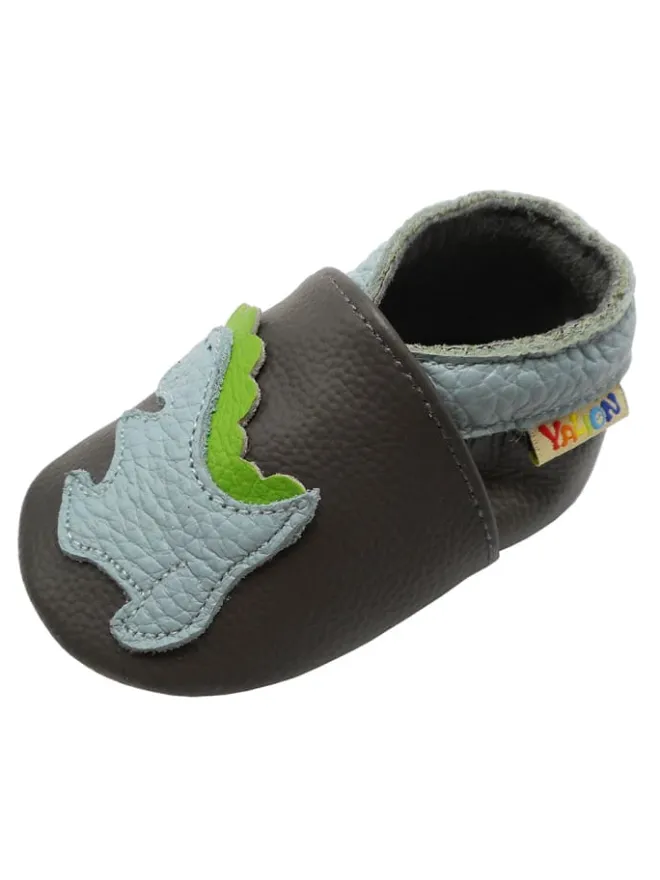 Yalion Krabbelschuhe^Baby-Lederlaufschuhe mit rutschfester Sohle – Grau mit Dinosauriermuster