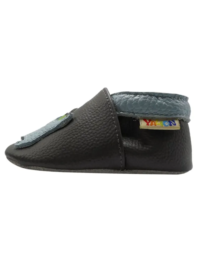 Yalion Krabbelschuhe^Baby-Lederlaufschuhe mit rutschfester Sohle – Grau mit Dinosauriermuster