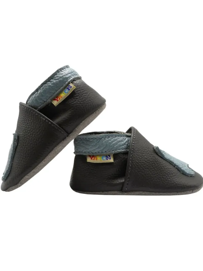 Yalion Krabbelschuhe^Baby-Lederlaufschuhe mit rutschfester Sohle – Grau mit Dinosauriermuster
