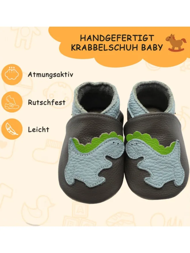 Yalion Krabbelschuhe^Baby-Lederlaufschuhe mit rutschfester Sohle – Grau mit Dinosauriermuster