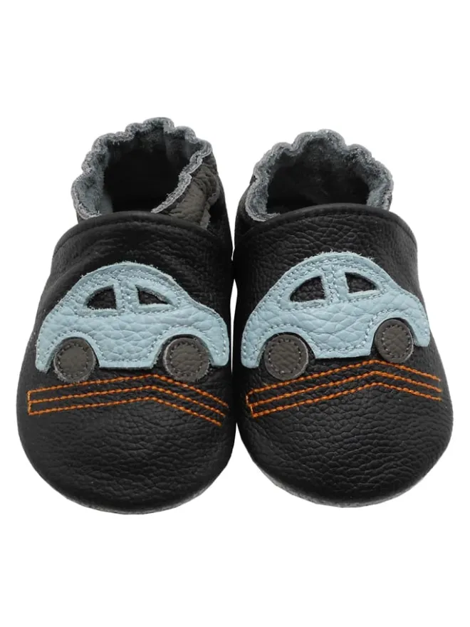 Yalion Krabbelschuhe^Baby-Lederlaufschuhe mit rutschfester Sohle – schwarz mit Auto-Motiv