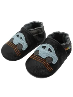 Yalion Krabbelschuhe^Baby-Lederlaufschuhe mit rutschfester Sohle – schwarz mit Auto-Motiv