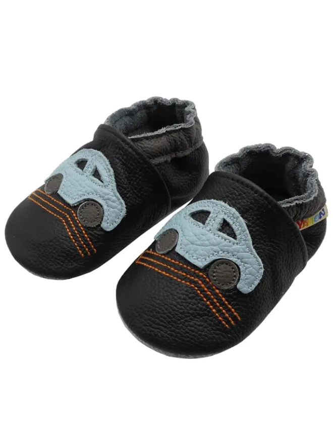 Yalion Krabbelschuhe^Baby-Lederlaufschuhe mit rutschfester Sohle – schwarz mit Auto-Motiv