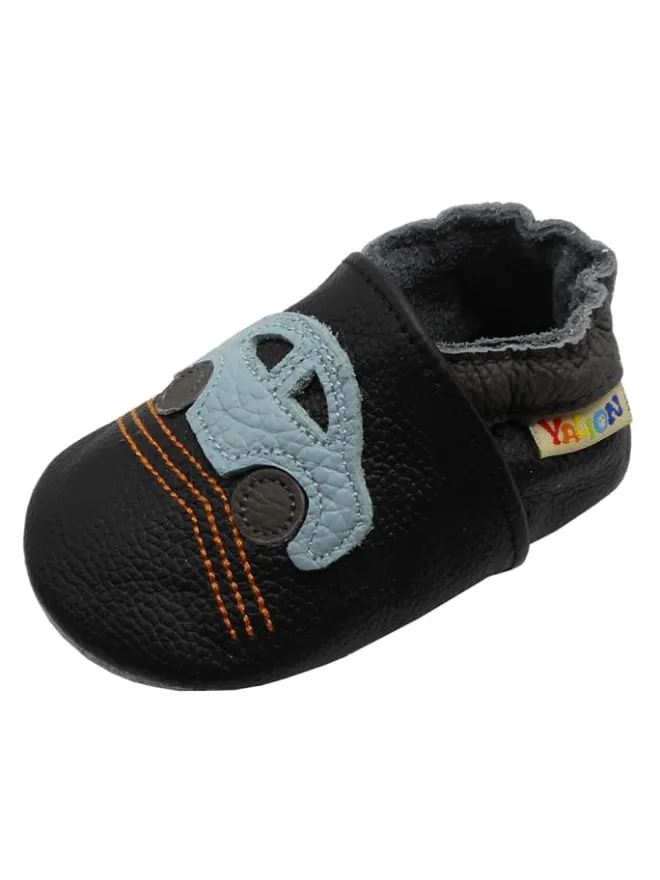 Yalion Krabbelschuhe^Baby-Lederlaufschuhe mit rutschfester Sohle – schwarz mit Auto-Motiv