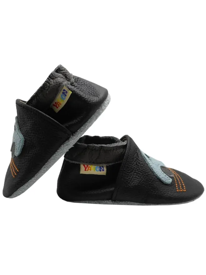 Yalion Krabbelschuhe^Baby-Lederlaufschuhe mit rutschfester Sohle – schwarz mit Auto-Motiv