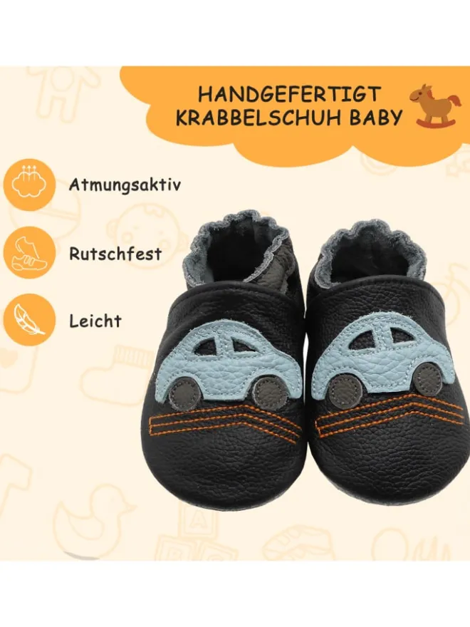 Yalion Krabbelschuhe^Baby-Lederlaufschuhe mit rutschfester Sohle – schwarz mit Auto-Motiv
