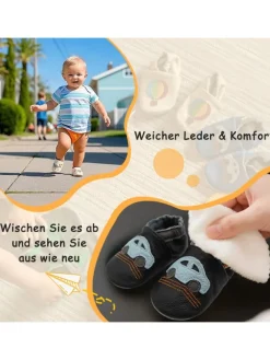 Yalion Krabbelschuhe^Baby-Lederlaufschuhe mit rutschfester Sohle – schwarz mit Auto-Motiv