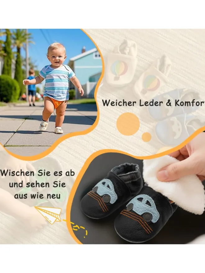 Yalion Krabbelschuhe^Baby-Lederlaufschuhe mit rutschfester Sohle – schwarz mit Auto-Motiv