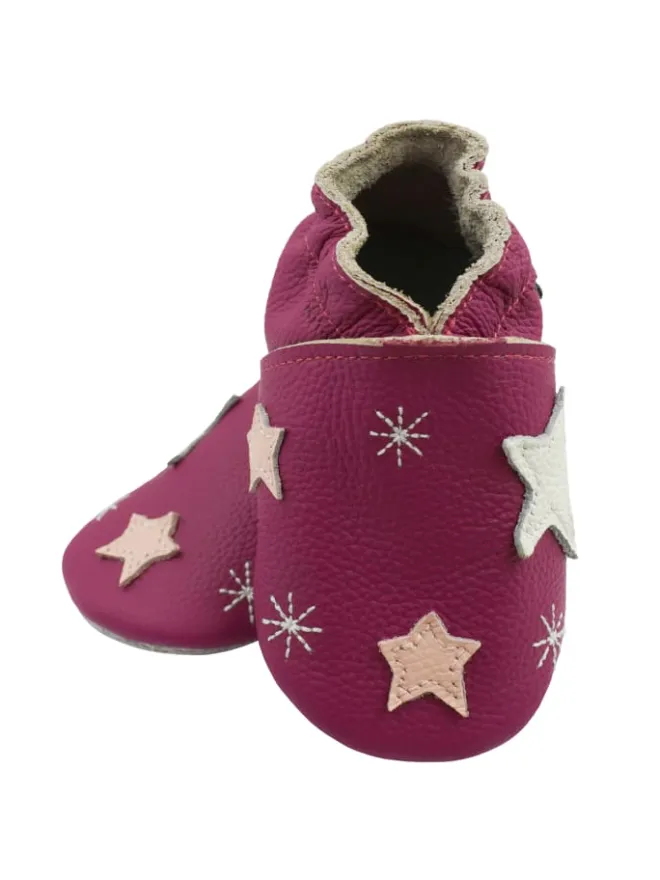 Bemesu Krabbelschuhe^Baby-Leder-Laufschuhe, mit rutschfester Sohle - Schneeflocken- und Sternenmuster